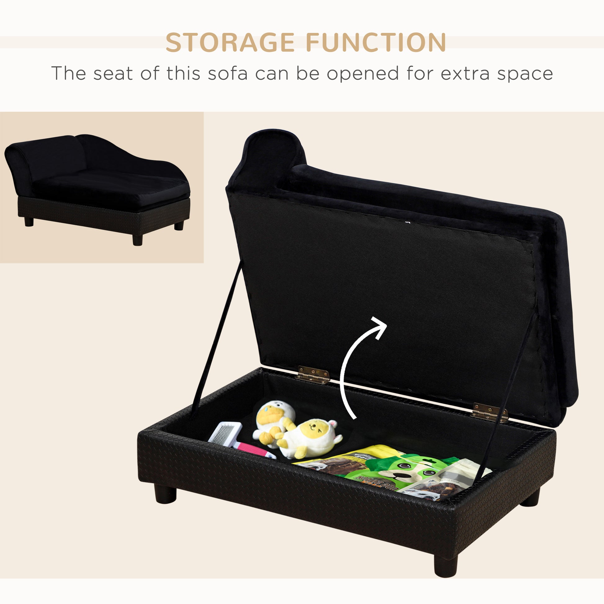 Pet Sofa Dog Couch Chaise Lounge Pet Bed with Storage Function Small Sized Dog Various Cat Sponge Cushioned Bed Lounge, Black