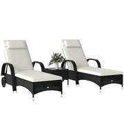 Patio Rattan Lounge Set has a Wheeled Wicker Chaise Lounge Chair and A Table with A Tempered Glass Top, White