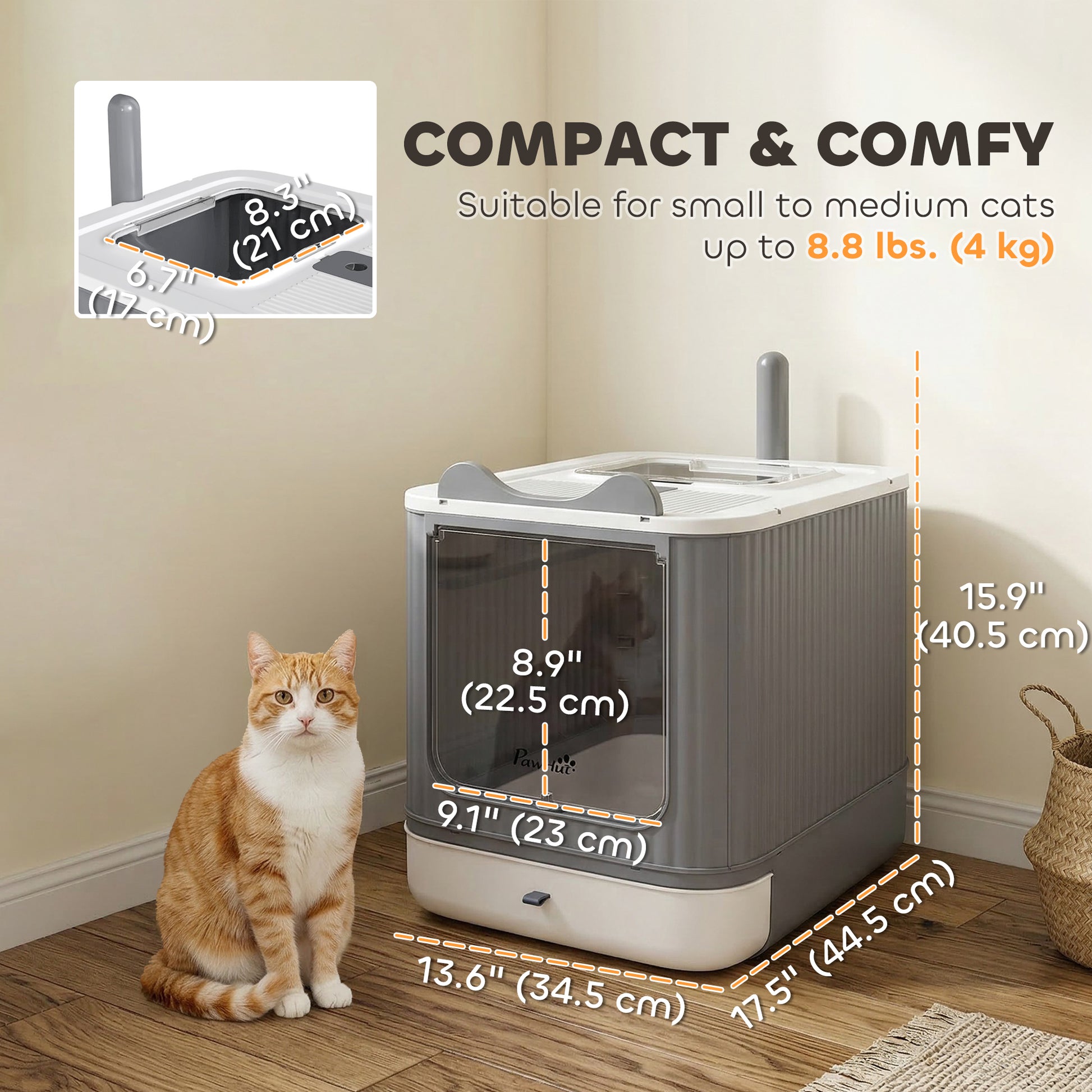 Litter Box with Lid, Enclosed Kitty Litter Box with Front-Entry, Top-Exit, Scoop, Deodorizer Bag for Medium Cats, White