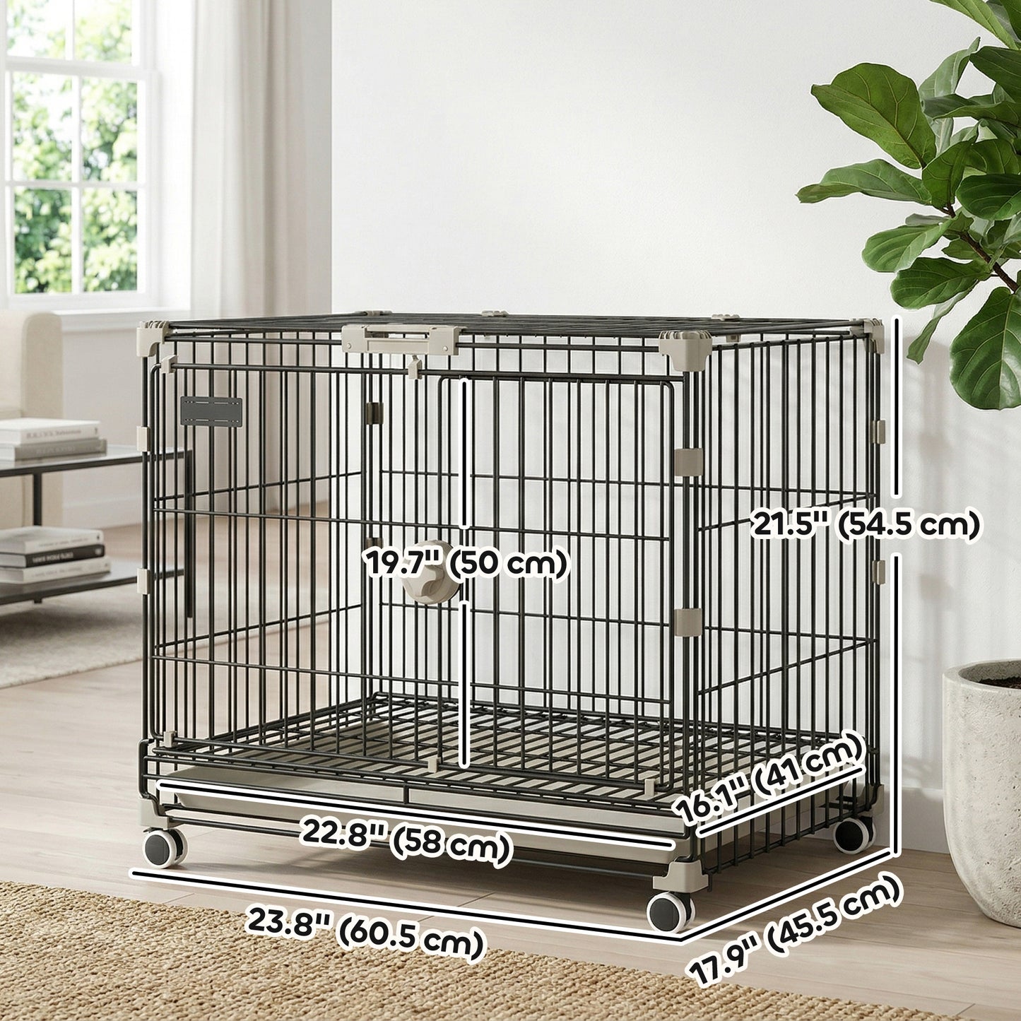 Dog Crate, 24 Inch Metal Dog Cage with Removable Tray, Lockable Wheels, 2 Doors for Small Medium Breeds, Black