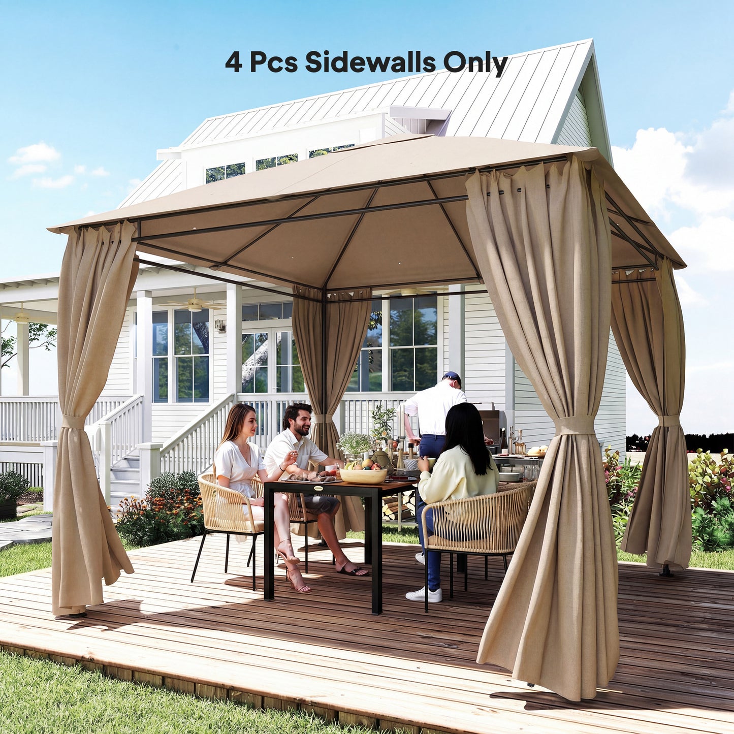 Gazebo Curtains, 10' x 10' Universal Replacement Privacy Curtain, 4-Panels Sidewall with Roll up Mesh Windows, Khaki