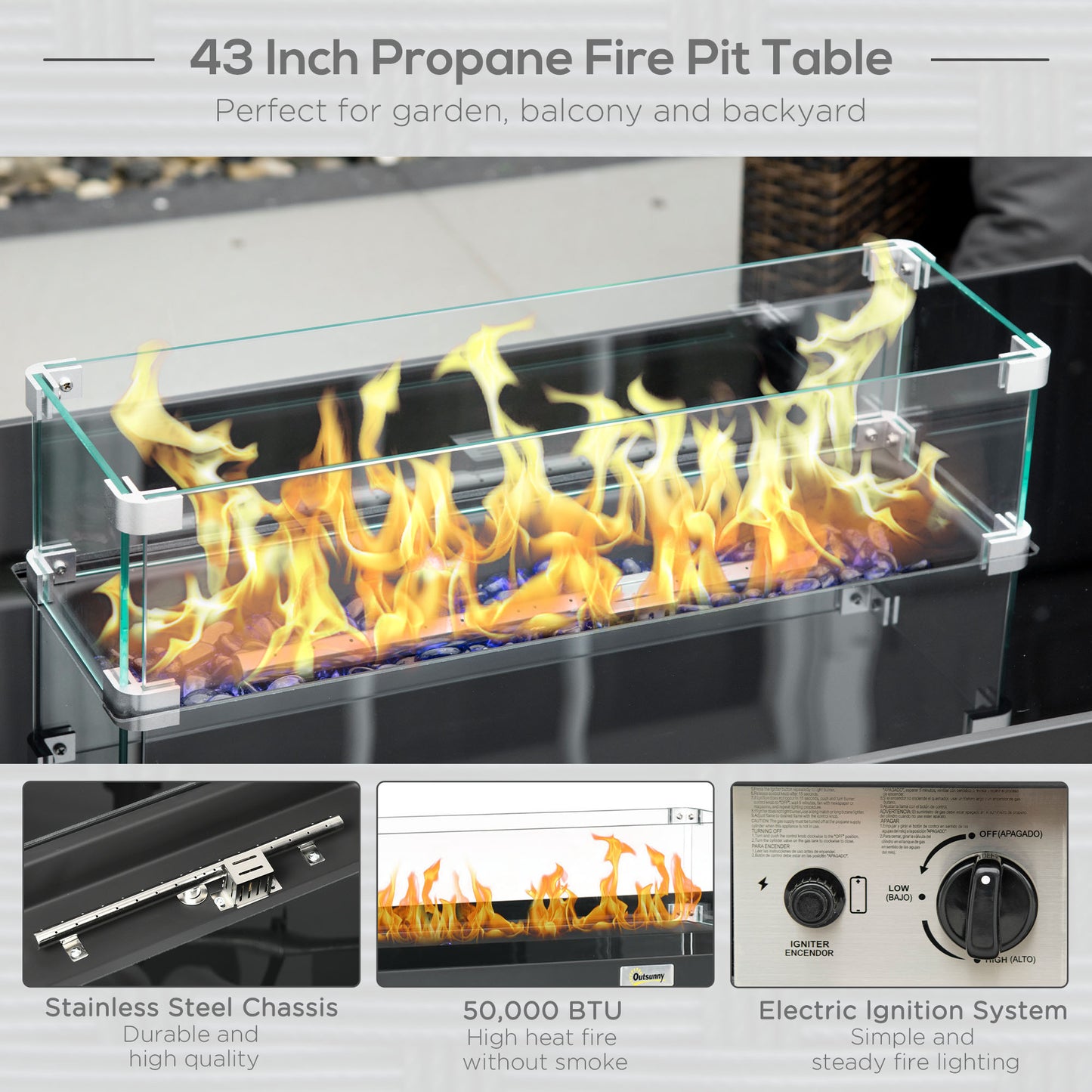 Propane Fire Pit Table 43" Outdoor Fire Table, 50,000 BTU Pulse-Ignition Wicker Firepit Furniture with Glass Wind Guard, Blue Glass Rock, CSA Certification, Grey
