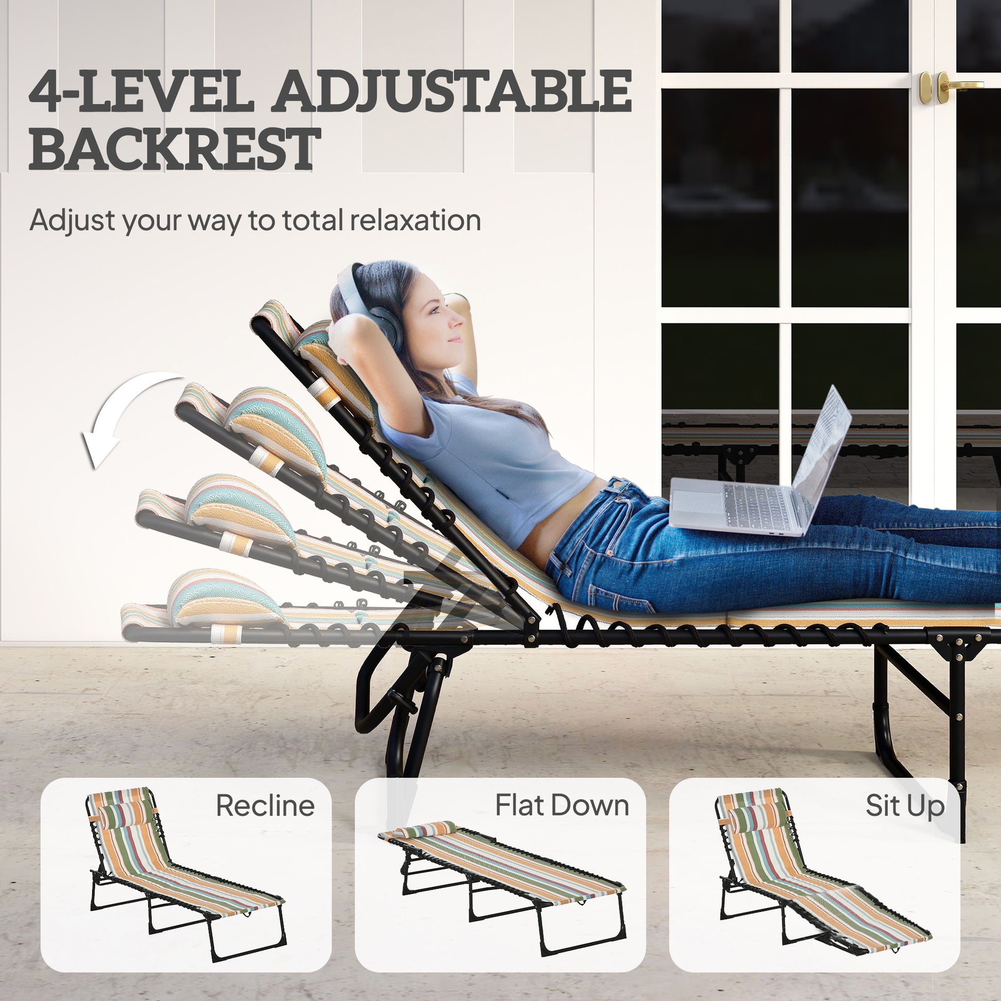 Outdoor Folding Lounge Chair, 4-Level Adjustable Chaise Lounge with Headrest, Tanning Chair Beach Bed, Reclining Lounger Cot for Camping, Hiking, Backyard, Multicoloured