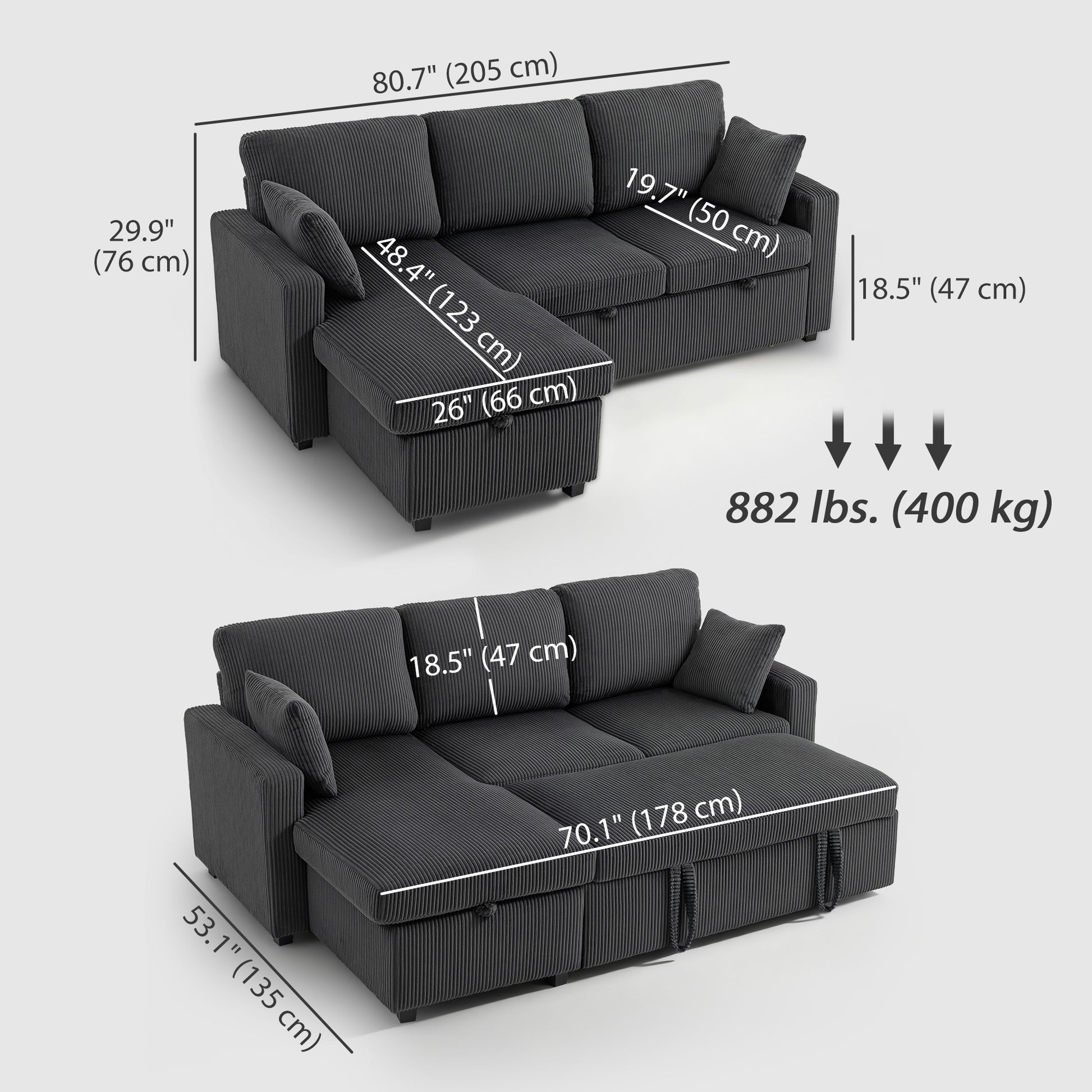 81" Sofa Bed, 2 In 1 Pull Out Sleeper Sofa Bed with Storage, Corduroy Convertible Couch for Living Room, Dark Grey