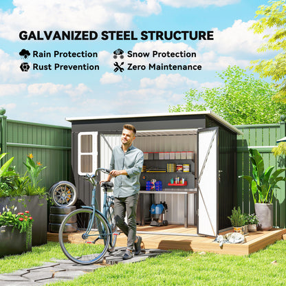 8.5' x 6' Galvanised Steel Outdoor Storage Shed, Garden Shed with Window, Lockable Wide Doors and Air Vents, Dark Grey