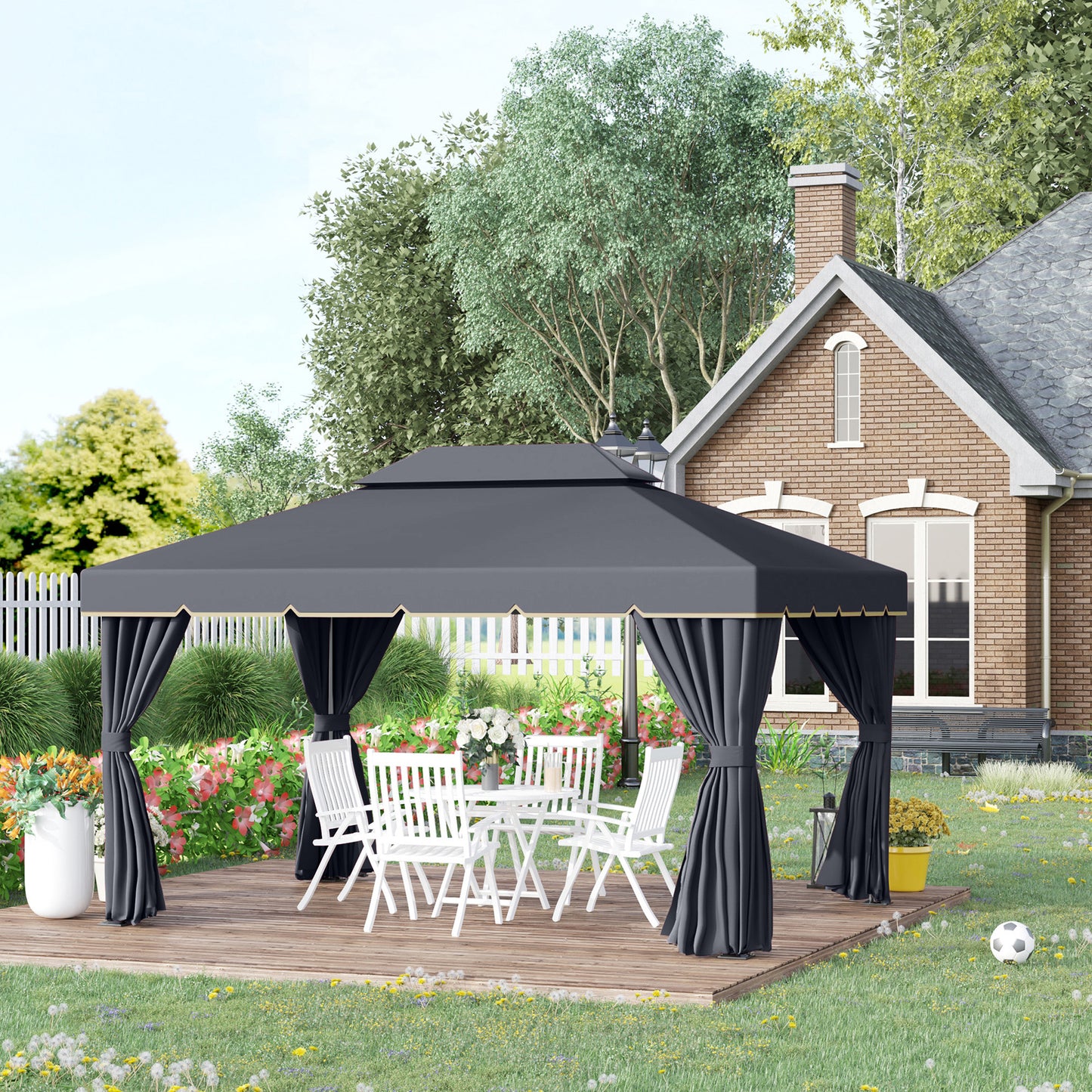 13' x 10' Patio Gazebo, Double Roof Outdoor Gazebo Canopy Shelter with Netting & Curtains, Strong Aluminum Frame, Black