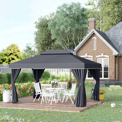 13' x 10' Patio Gazebo, Double Roof Outdoor Gazebo Canopy Shelter with Netting & Curtains, Strong Aluminum Frame, Black