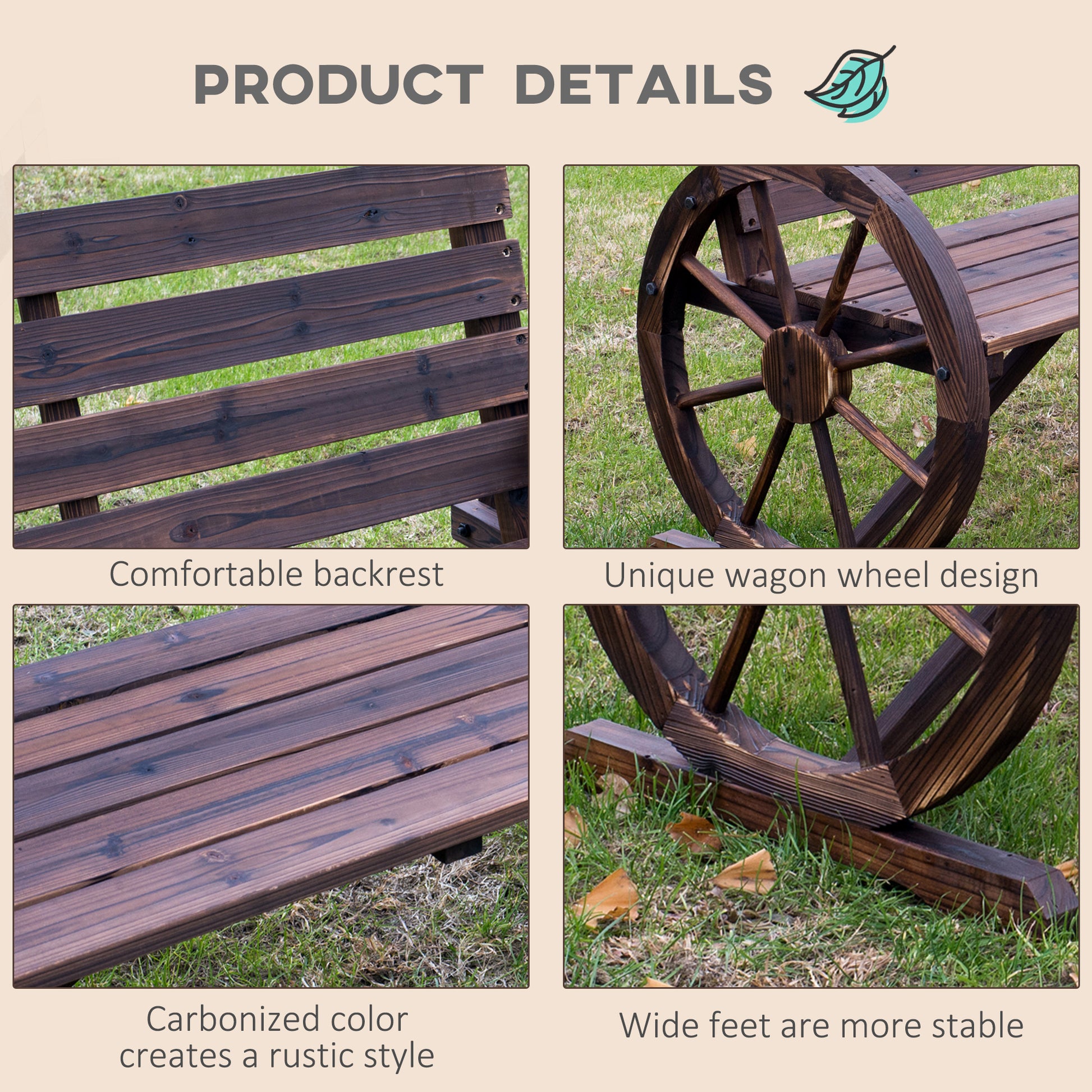 42" Wood Wagon Wheel Bench Garden Loveseat Rustic Seat Relaxing Lounge Chair Outdoor Decorative Seat Park Decor, Brown