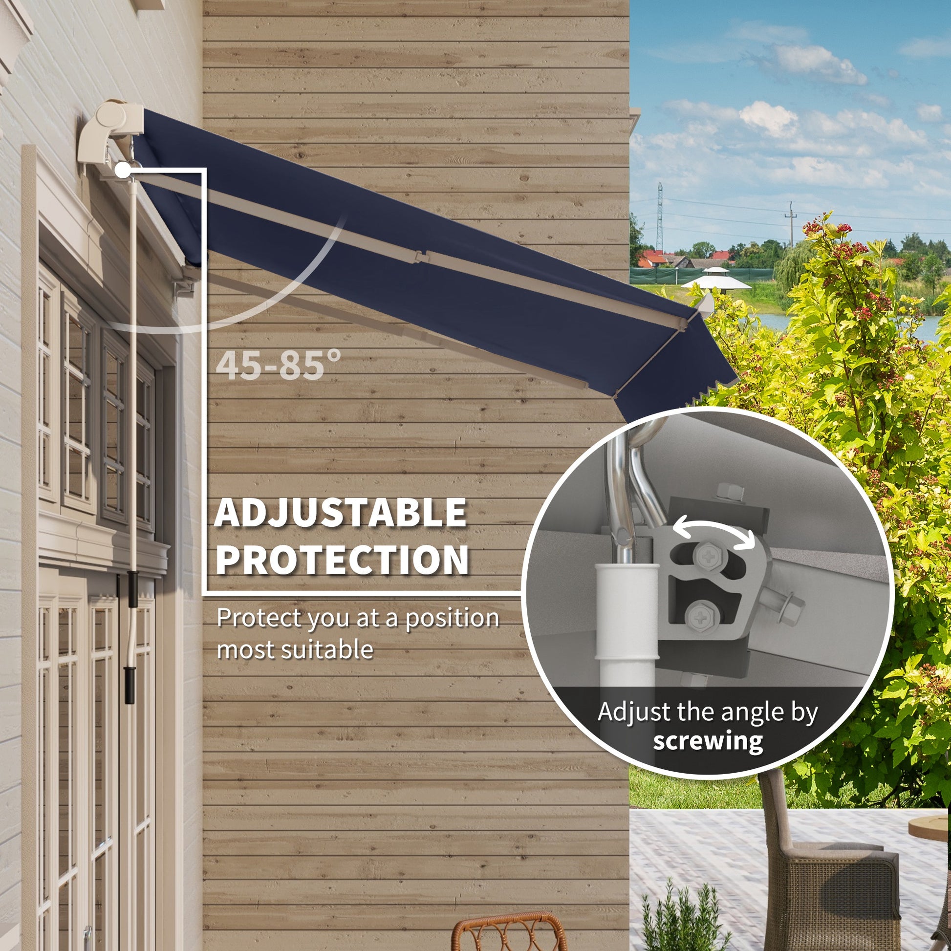 10' x 8' Manual Retractable Awning, Sun Shade Shelter Canopy, with Aluminum Frame and UV Protection for Patio Deck Yard Window Door, Blue