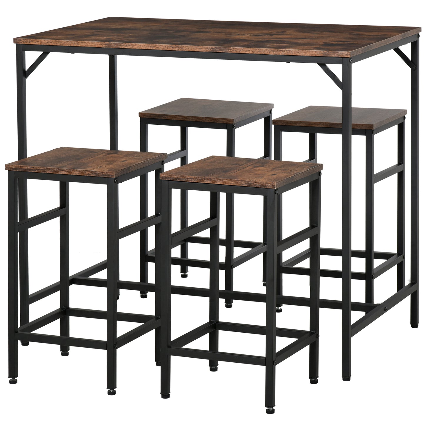 5 Pieces Industrial Rectangular Bar Table Set, Dining Table Set Breakfast Table with 4 Stools for Dining Room, Kitchen, Dinette, Rustic Brown