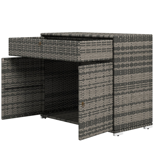 Outdoor Storage Cabinet, Wicker 2-Door Pool Towel Storage Cabinet with Drawer, PE Rattan Pool Organizer, Grey