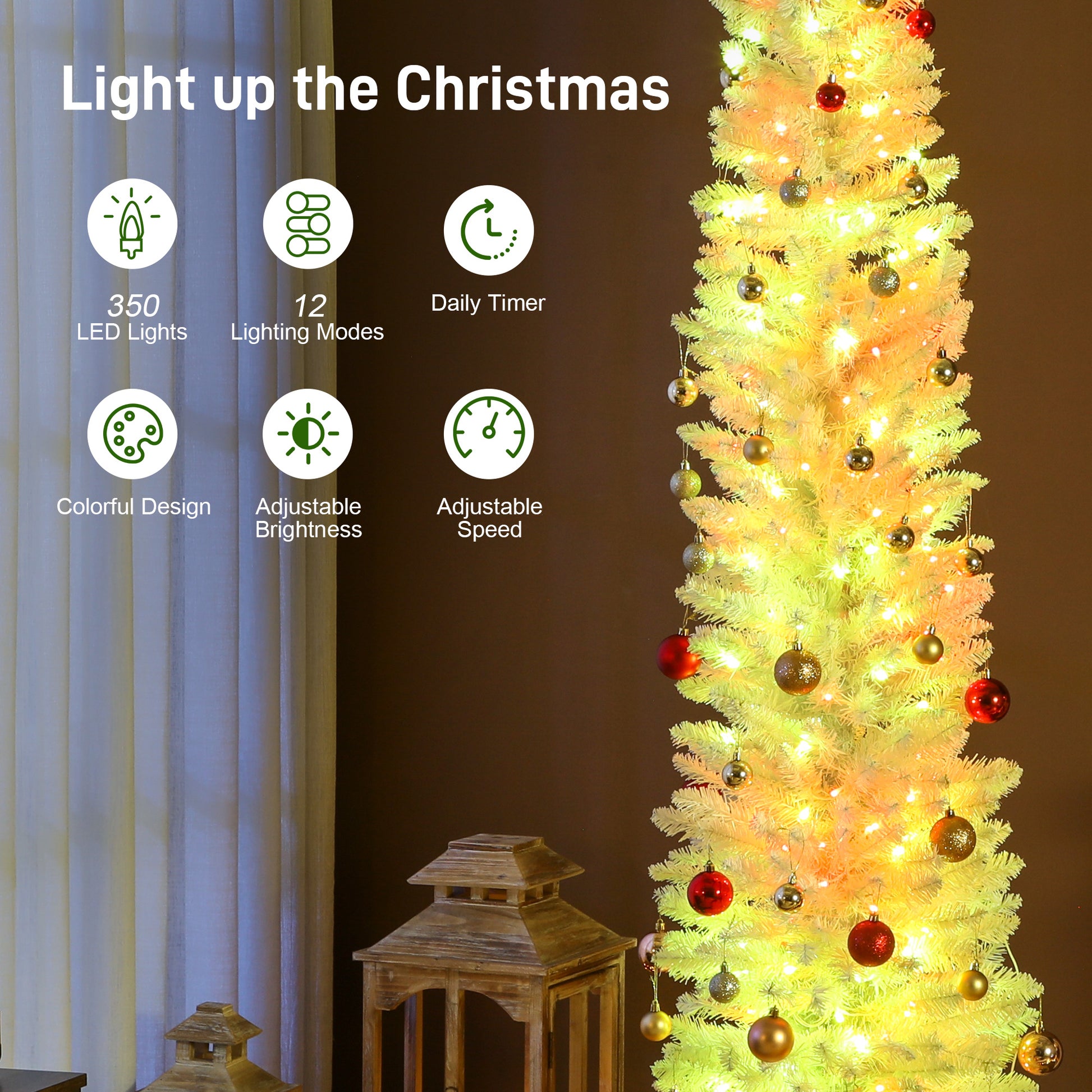 9ft Christmas Tree with Colourful DIY Synchronized LEDs, Hinged Pencil Xmas Tree with Remote, Daily Timer, White