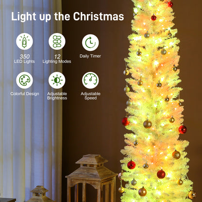 9ft Christmas Tree with Colourful DIY Synchronized LEDs, Hinged Pencil Xmas Tree with Remote, Daily Timer, White