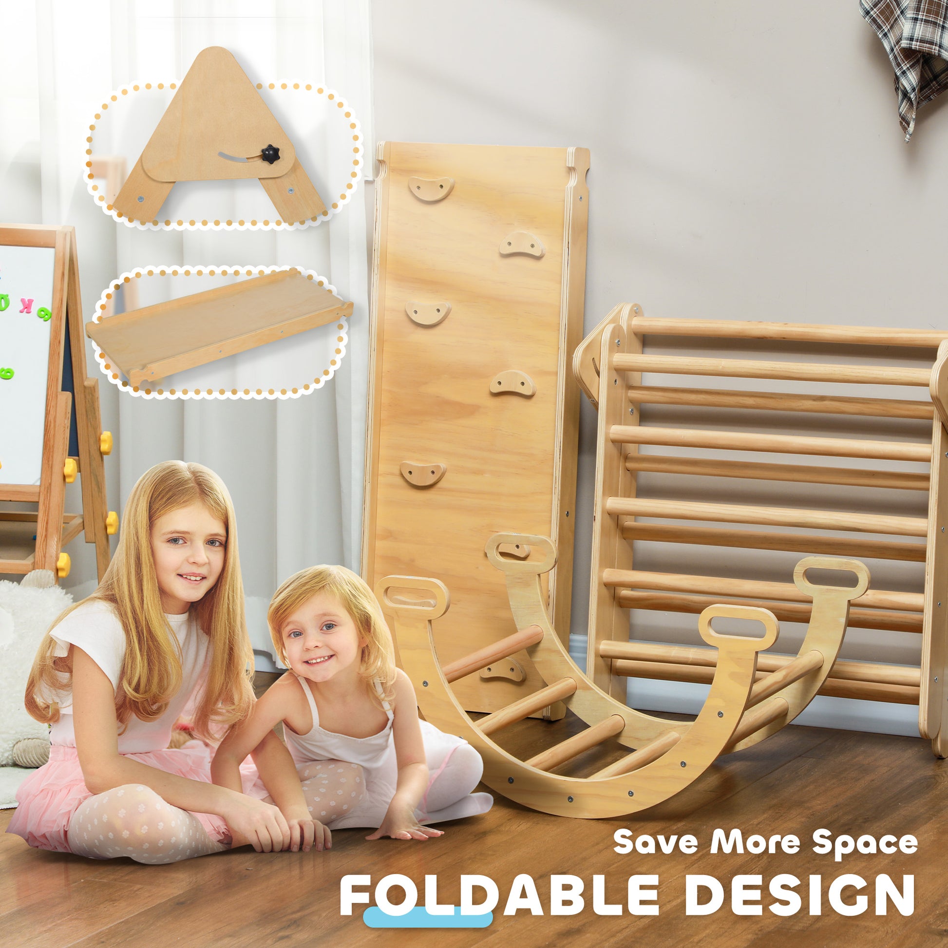 Qaba 5 in 1 Pikler Triangle Set with Ladder, Ramp, Arch, for 18-48 months, Nature Wood