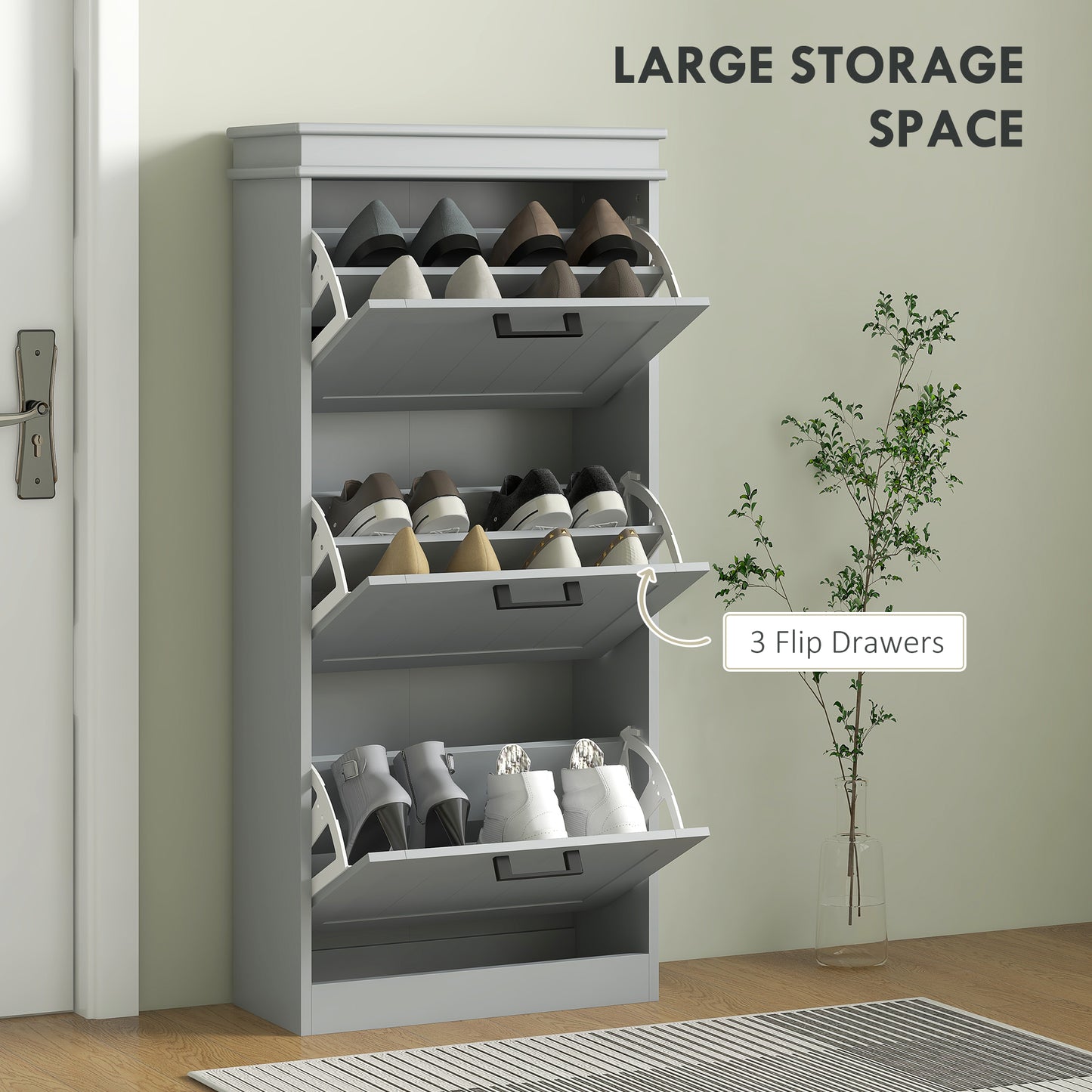 Slim Shoe Cabinet with 3 Flip Drawers and Adjustable Shelves, Narrow Shoe Cabinet for 15 Pairs of Shoes, Grey
