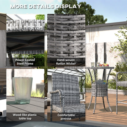 3 Pieces Patio Bar Set, Rattan Bistro Table and Chairs, Outdoor Conversation Furniture Set with Ice Bucket, Mixed Grey