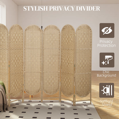 Bohemian Privacy Screen, Folding Room Divider with 6 Panels and Arched Top for Bedroom Living Room Office, Natural Wood