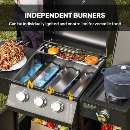 3 Burner Gas Grill with Side Burner, 9.5 KW Propane BBQ Grill, Cabinet Style with Shelves, Wheels, Instant Ignition
