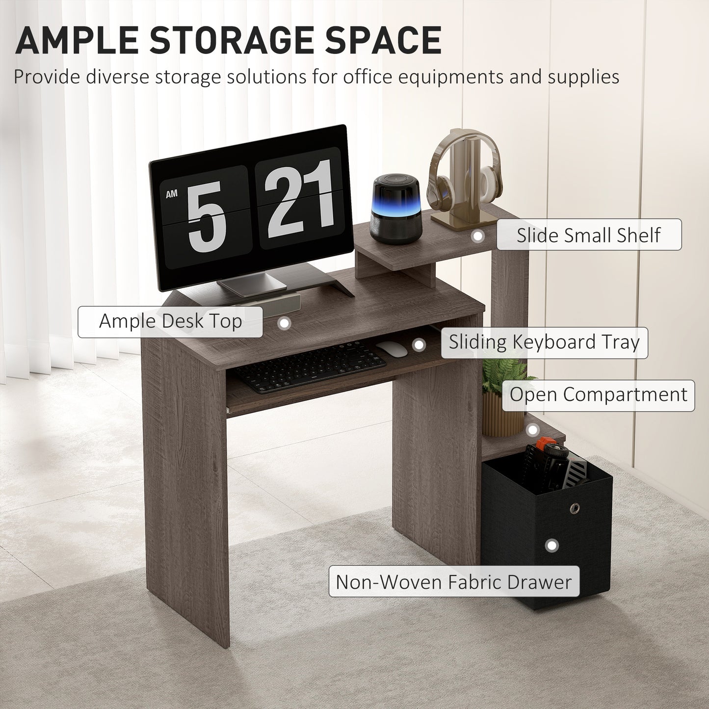 Computer Desk with Sliding Keyboard Tray Storage Drawer Shelf Home Office Workstation Grey