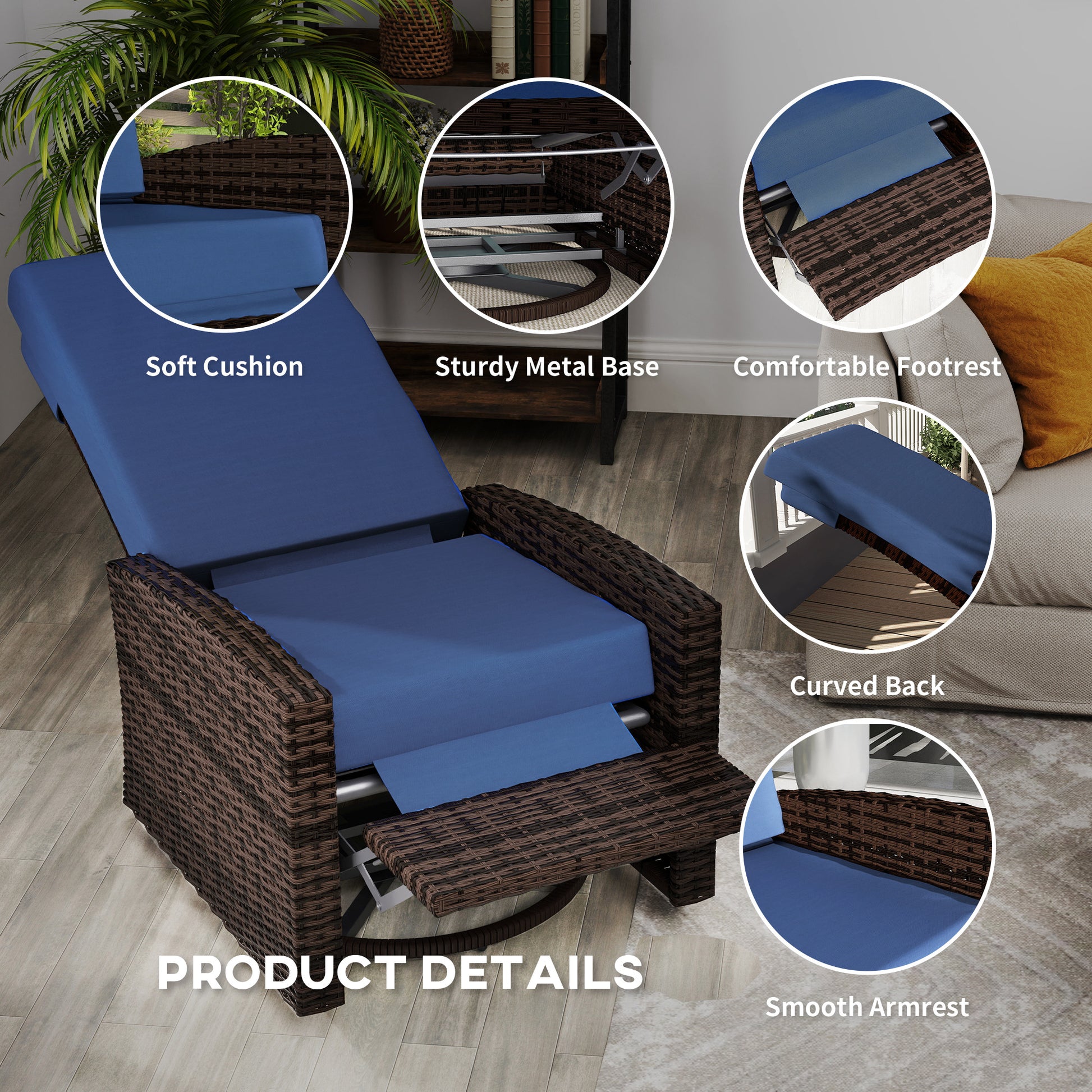 Outdoor Rattan Wicker Lounge Chair with Footrest & Soft Cushion for Patio, Garden, Backyard, Dark Blue
