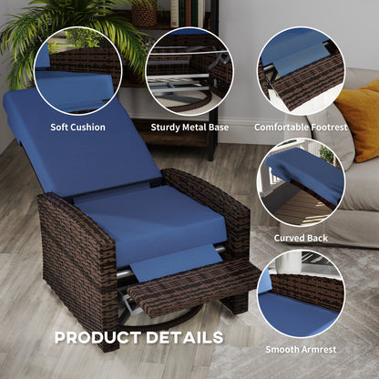 Outdoor Rattan Wicker Lounge Chair with Footrest & Soft Cushion for Patio, Garden, Backyard, Dark Blue