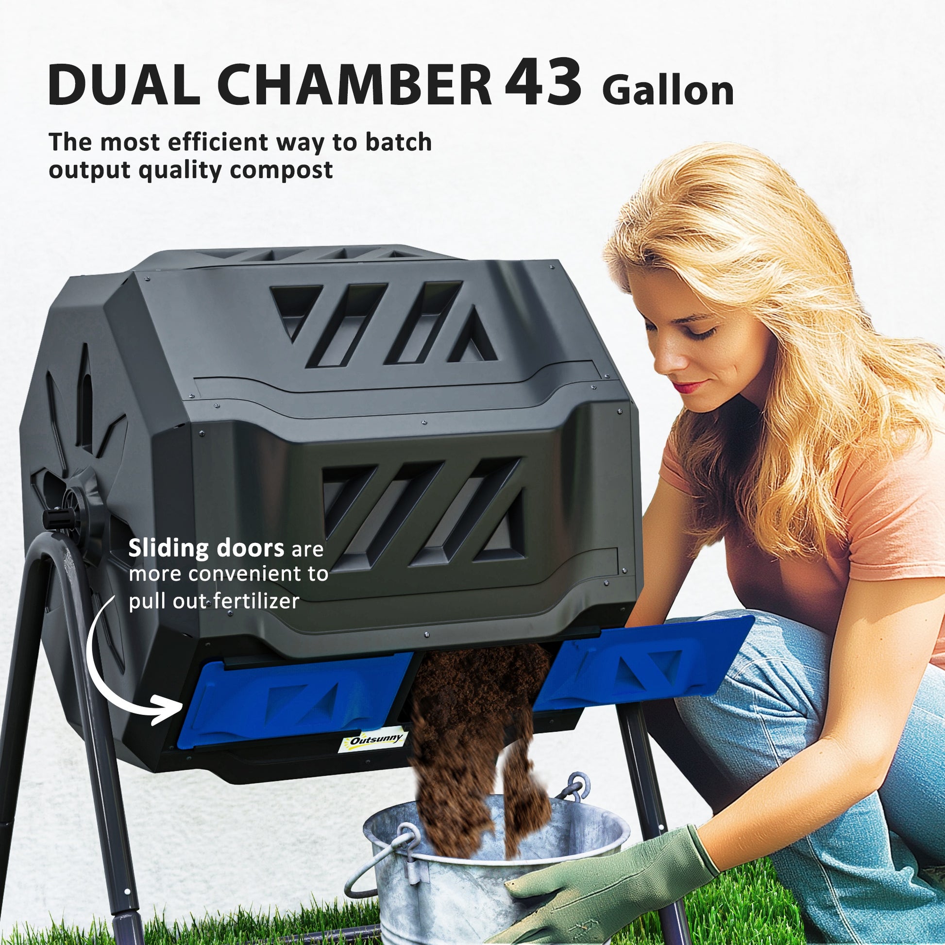 Tumbling Compost Bin Outdoor Dual Chamber 360° Rotating Composter 43 Gallon with Sliding Doors, Blue