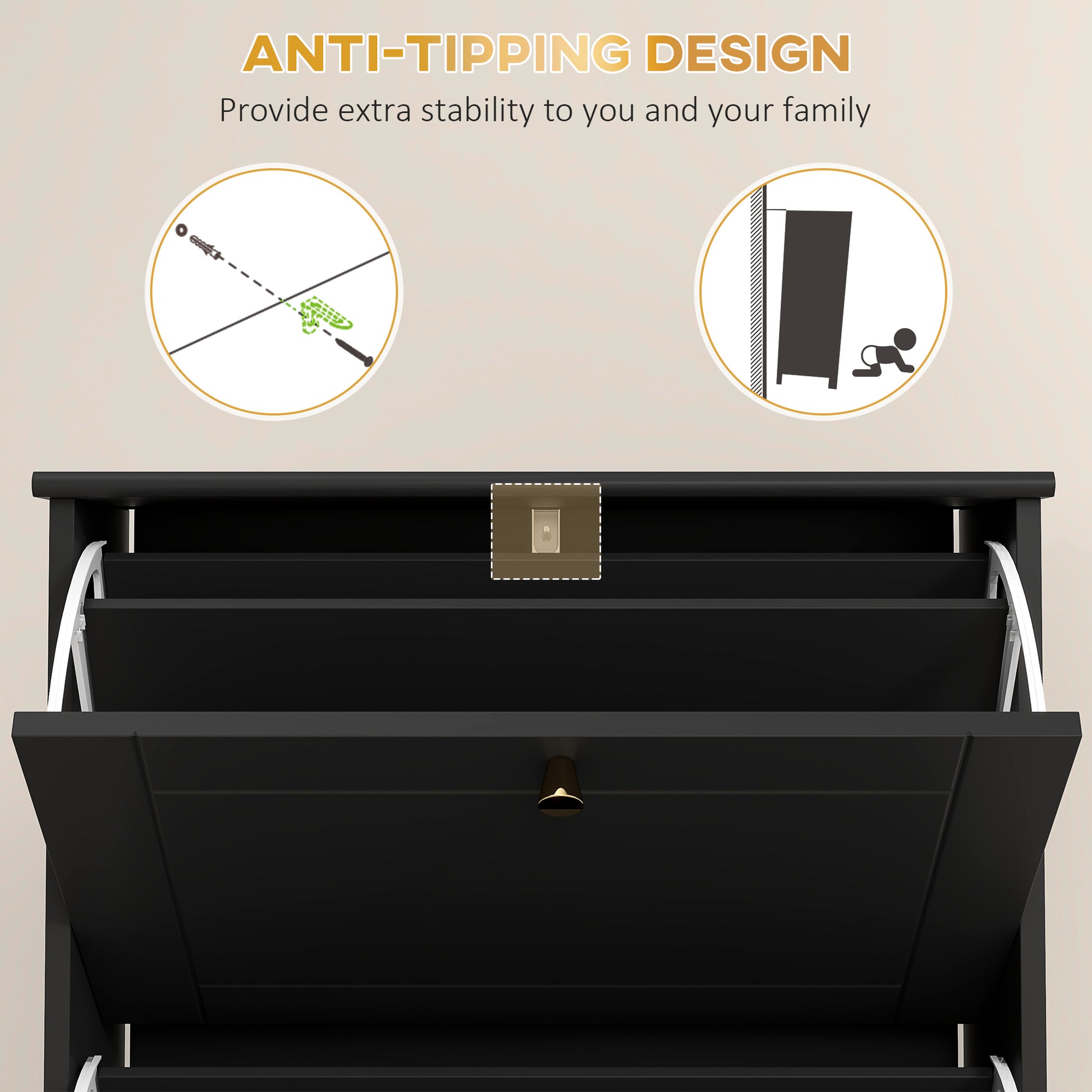 Narrow Shoe Storage with 3 Flip Drawers and Adjustable Shelves, Shoe Cabinet Organizer for 12 Pairs of Shoes, Black