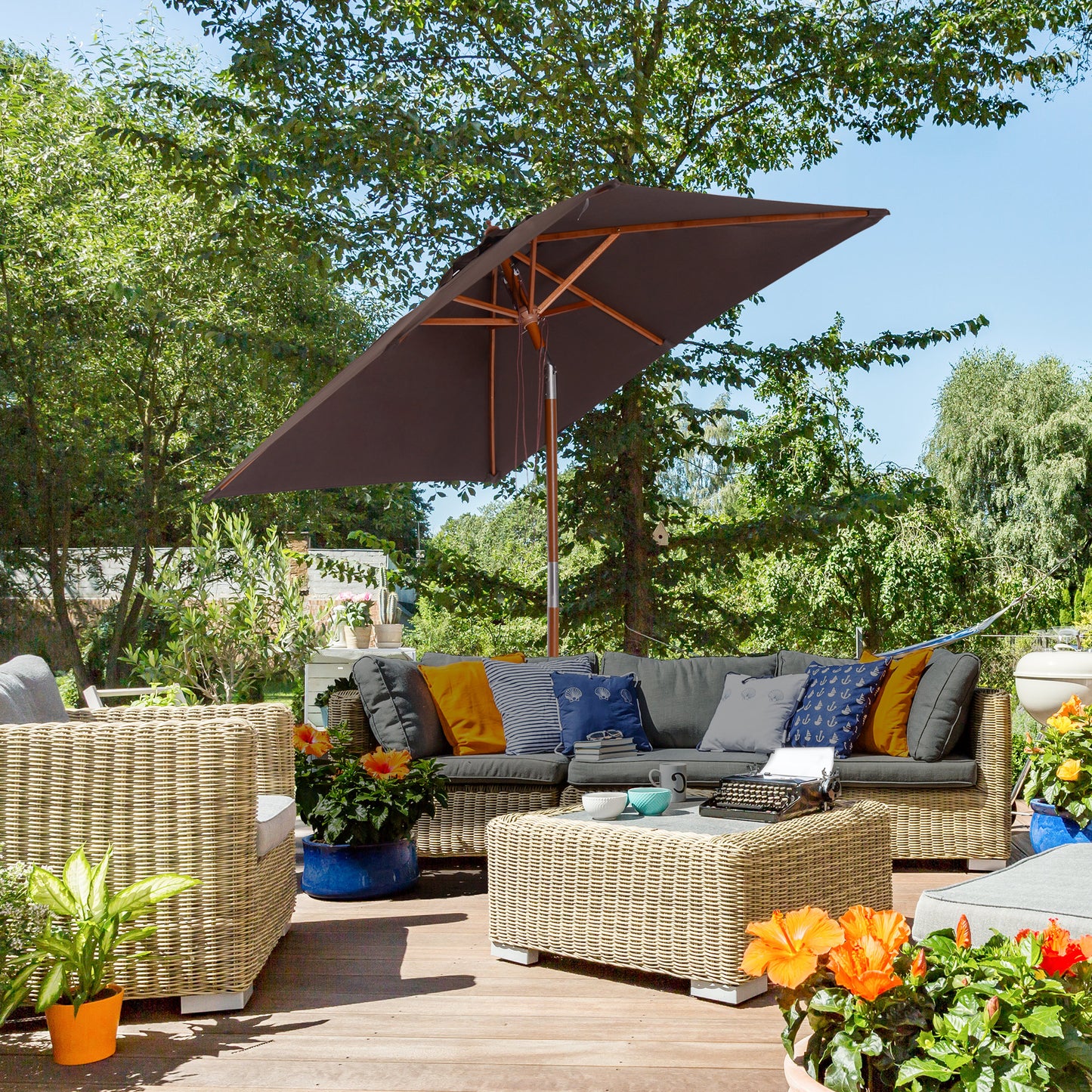 6.6x5ft Square Market Parasol, Wooden Patio Umbrella with Tilt Mechanism and 6 Bamboo Ribs, Garden Sunshade, Coffee