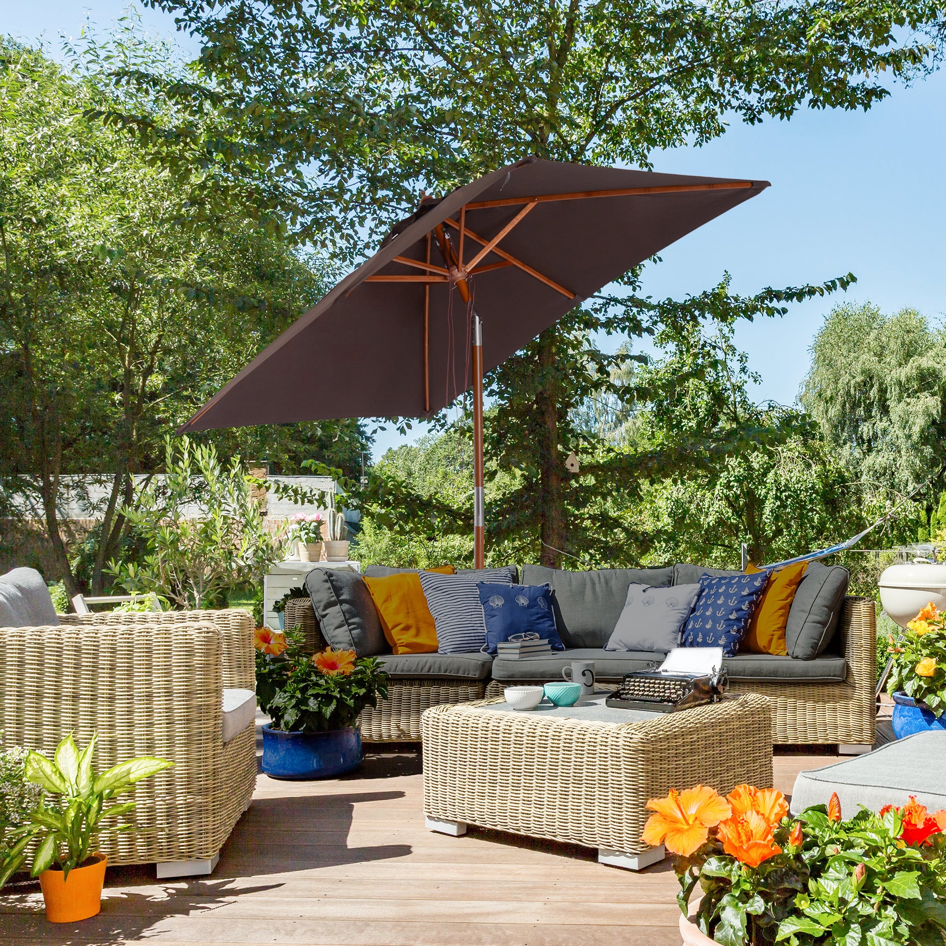6.6x5ft Square Market Parasol, Wooden Patio Umbrella with Tilt Mechanism and 6 Bamboo Ribs, Garden Sunshade, Coffee