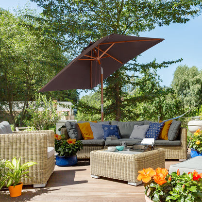 6.6x5ft Square Market Parasol, Wooden Patio Umbrella with Tilt Mechanism and 6 Bamboo Ribs, Garden Sunshade, Coffee