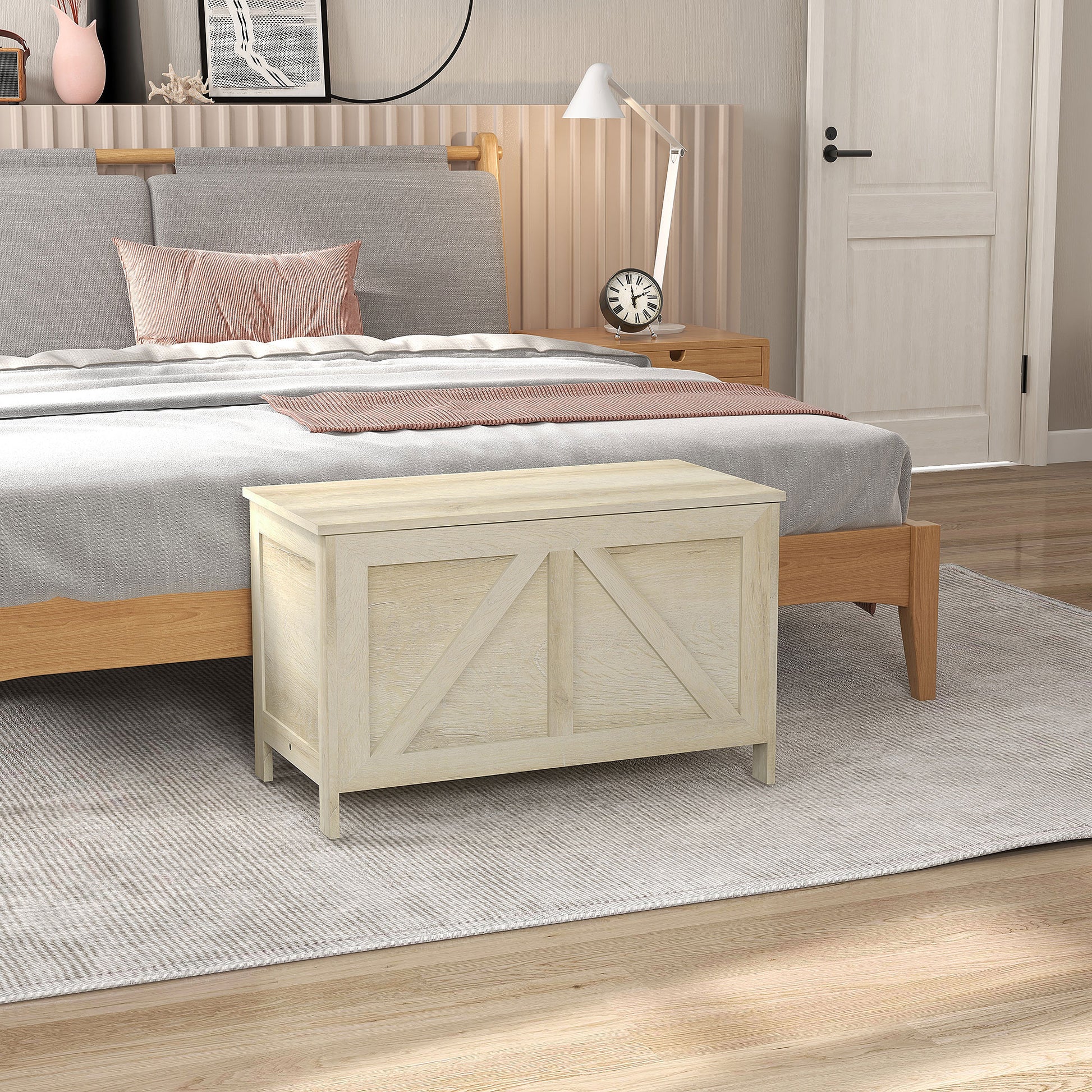 Storage Trunk Box Organizer with Farmhouse Panel Safety Hinge to Open Up 100° Natural