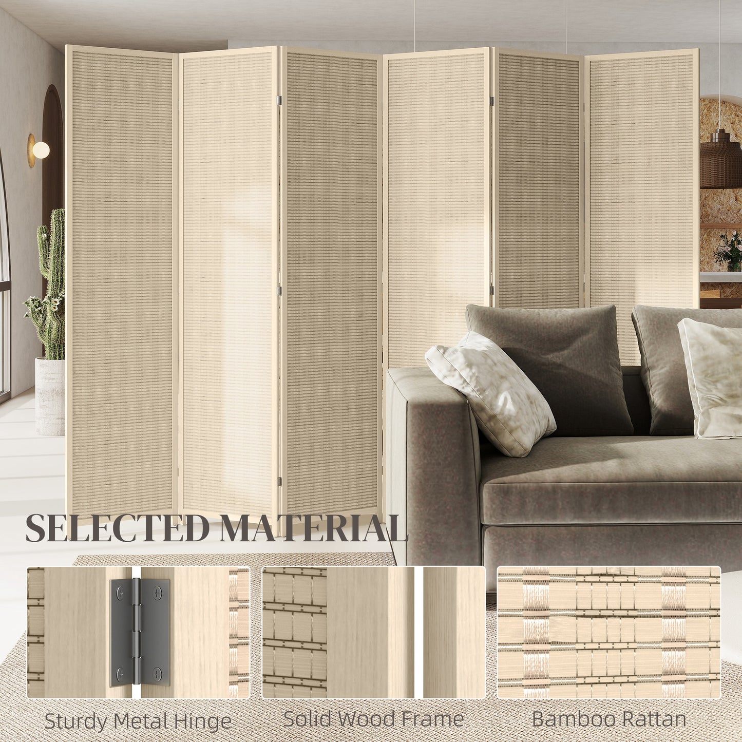 Woven Bamboo Room Divider, 6 Panel Folding Indoor Privacy Screens for Home Office, Natural Wood