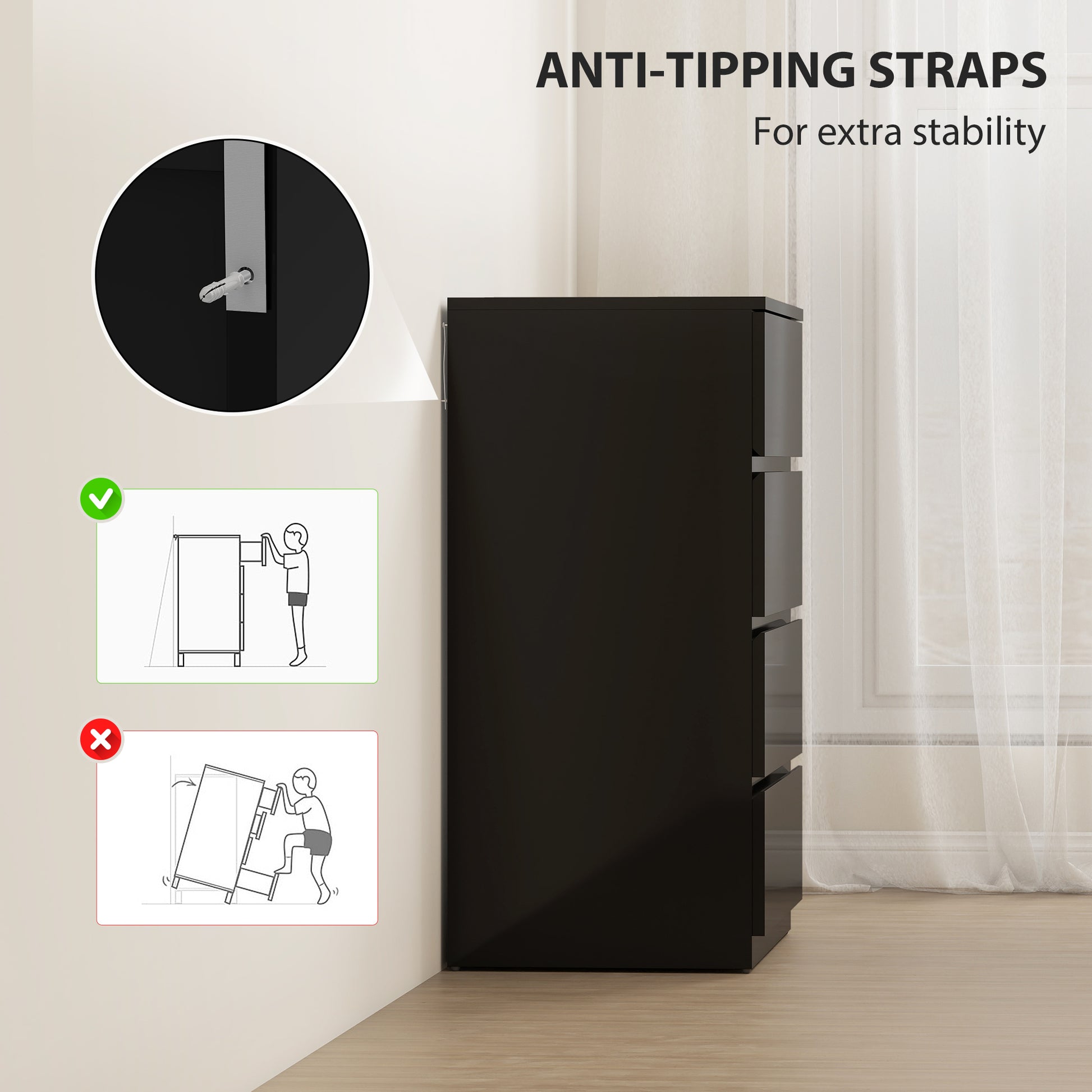 4 Drawer Cabinet, High Gloss Drawer Chest for Bedroom, Chest of Drawers with Metal Runners and Groove Handles, Black