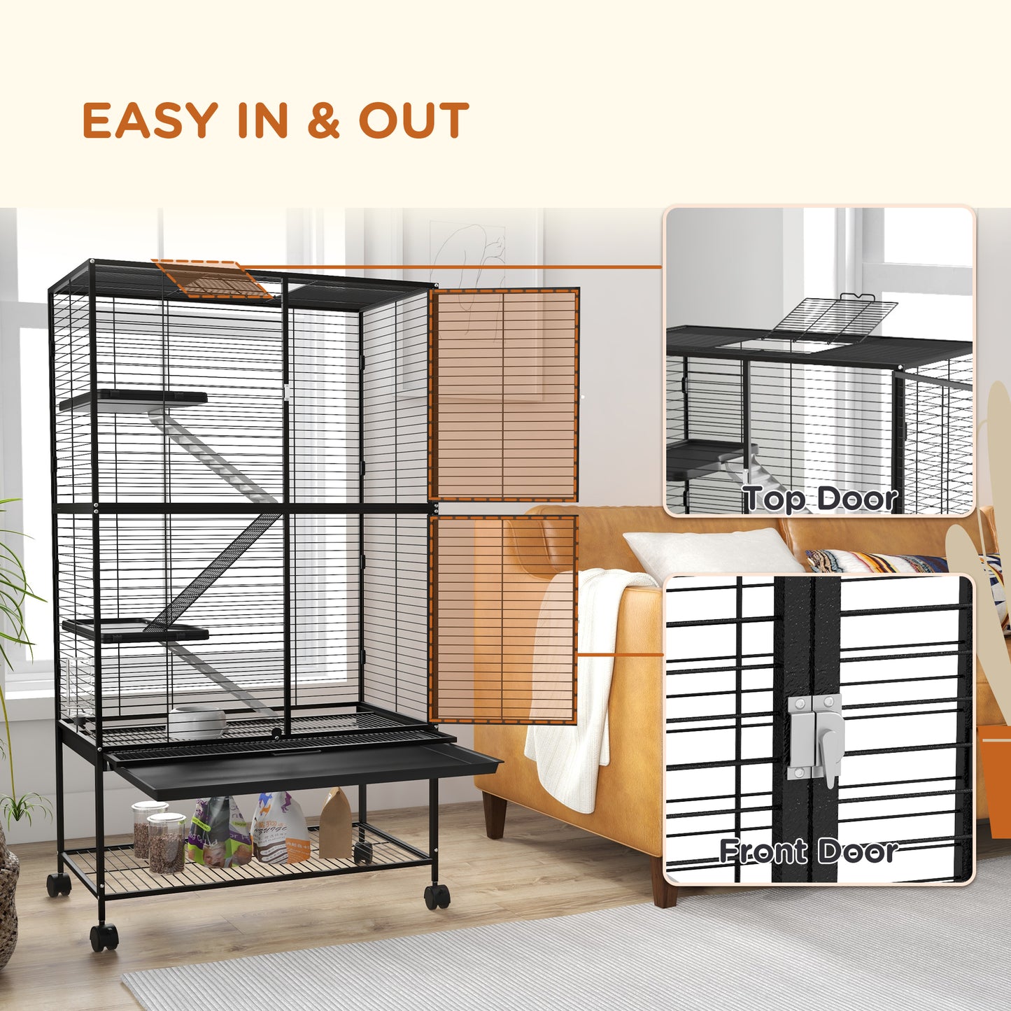 Rolling Small Animal Cage 54"H Chinchilla Cage for Ferrets, Squirrels w/ Removable Tray, Storage Shelf, Black