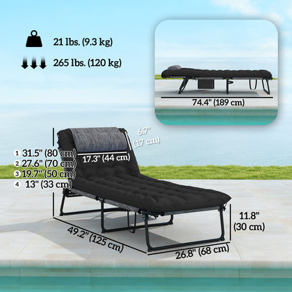 Folding Lounge Chair with 4-level Reclining Back & Cushion, Black