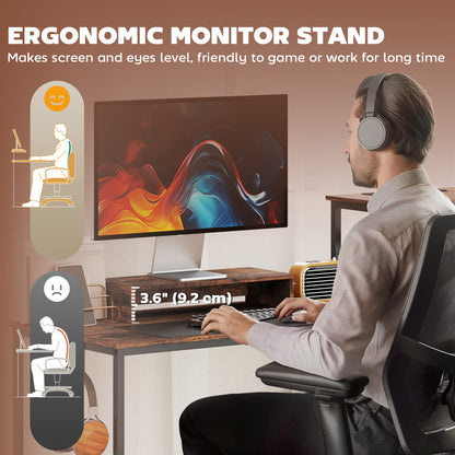 96 Inch Gaming Desk, Dual Computer Desk for 2 Person with Power Outlets and Monitor Stands, Rustic Brown
