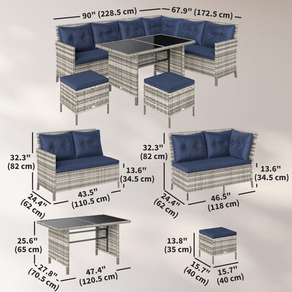 6pcs Outdoor Rattan Sofa Set Garden Wicker Sectional Couch Furniture Set with Dining Table and Chair Deep Blue