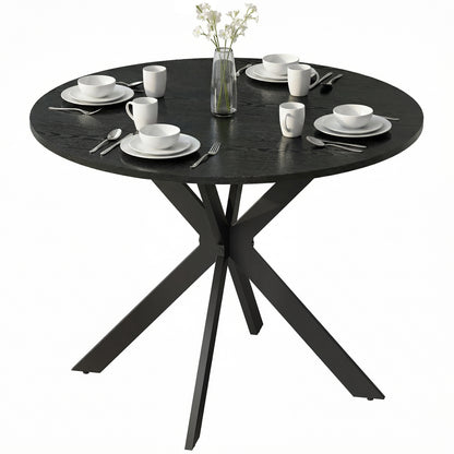 39" Dining Table, Contemporary Round Kitchen Table with Steel Legs, Black Wood Grain