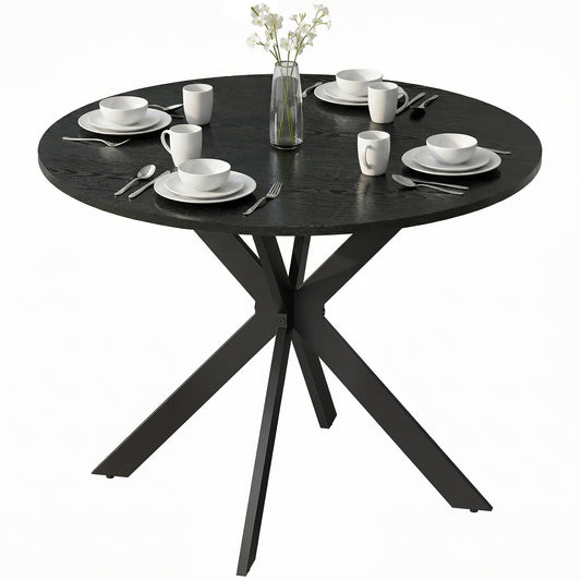 39" Dining Table, Contemporary Round Kitchen Table with Steel Legs, Black Wood Grain