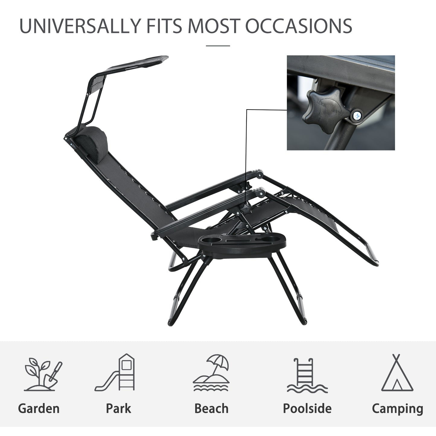 Outdoor Zero Gravity Reclining Lounger Chair with Canopy Shade, Side Tray, Cupholder, Black