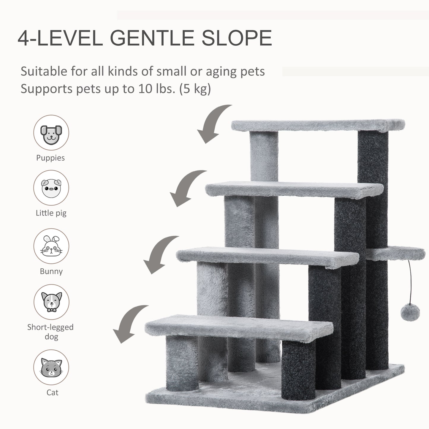 Cat Stairs for Bed, Couch 4 Steps, Small Cat Tree for Indoor Cats with Scratching Posts Toy Ball, 23.5" x 16" x 25"