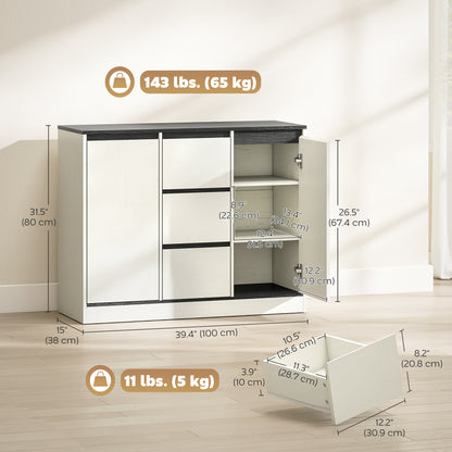 Buffet Cabinet with Soft-Close Hinges, Modern Sideboard with 3 Drawers and 2 Adjustable Shelves, White Wood Grain