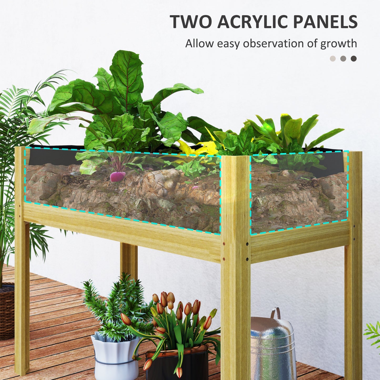 Wooden Raised Garden Bed with Acrylic Panels, Raised Planter Box with Drainage Holes, 43.3" x 19.7" x 31.5"