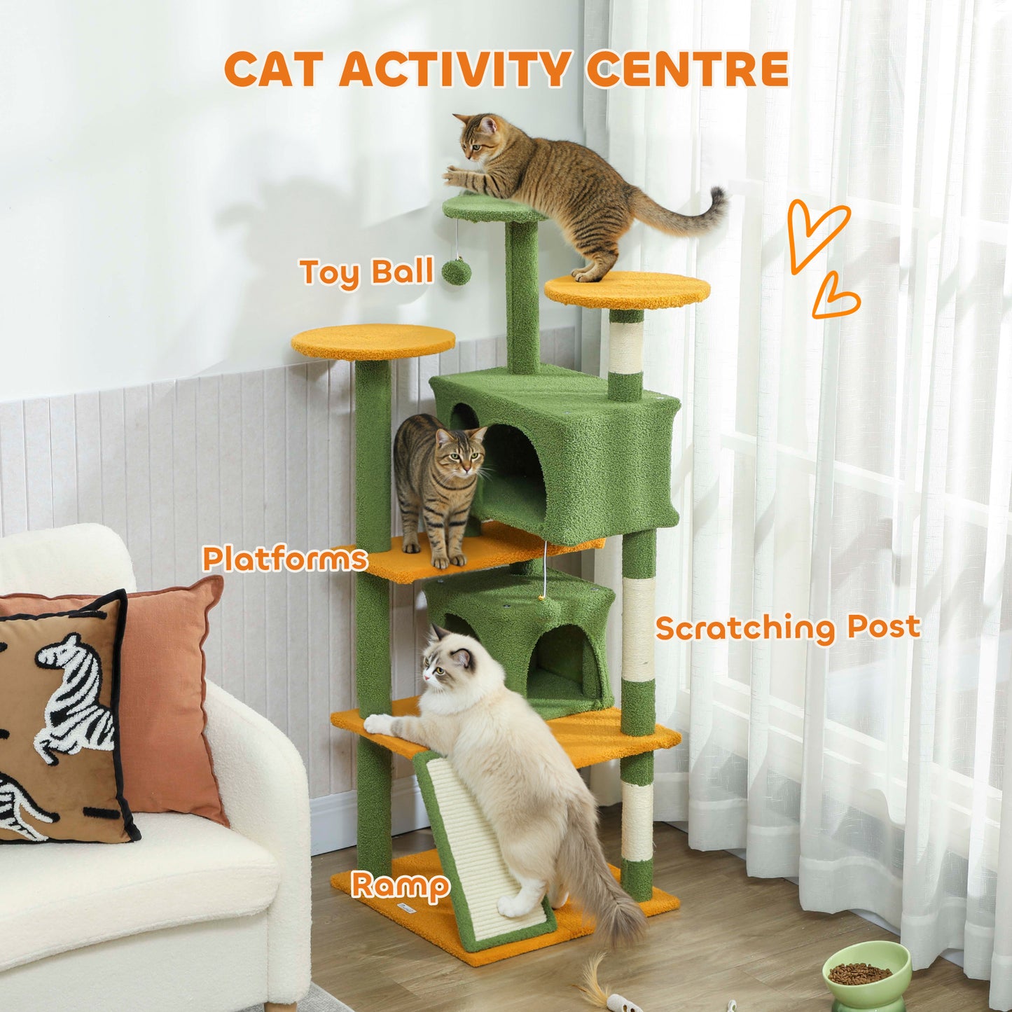 54" Cat Tree, Multi-Level Cat Tower with Scratching Posts, Cat Condos, Bed, Platforms, Ramp, Toy Ball, Green