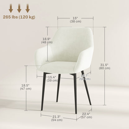 Dining Chairs Set of 2, Velvet-look Fabric Upholstered Kitchen Chairs with Backrest, Armrests and Steel Legs, Cream White
