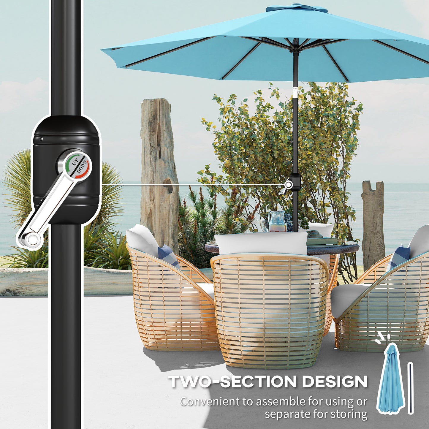 10' x 8' Round Market Umbrella, Patio Umbrella with Crank Handle and Tilt, Outdoor Parasol for Garden, Sky Blue
