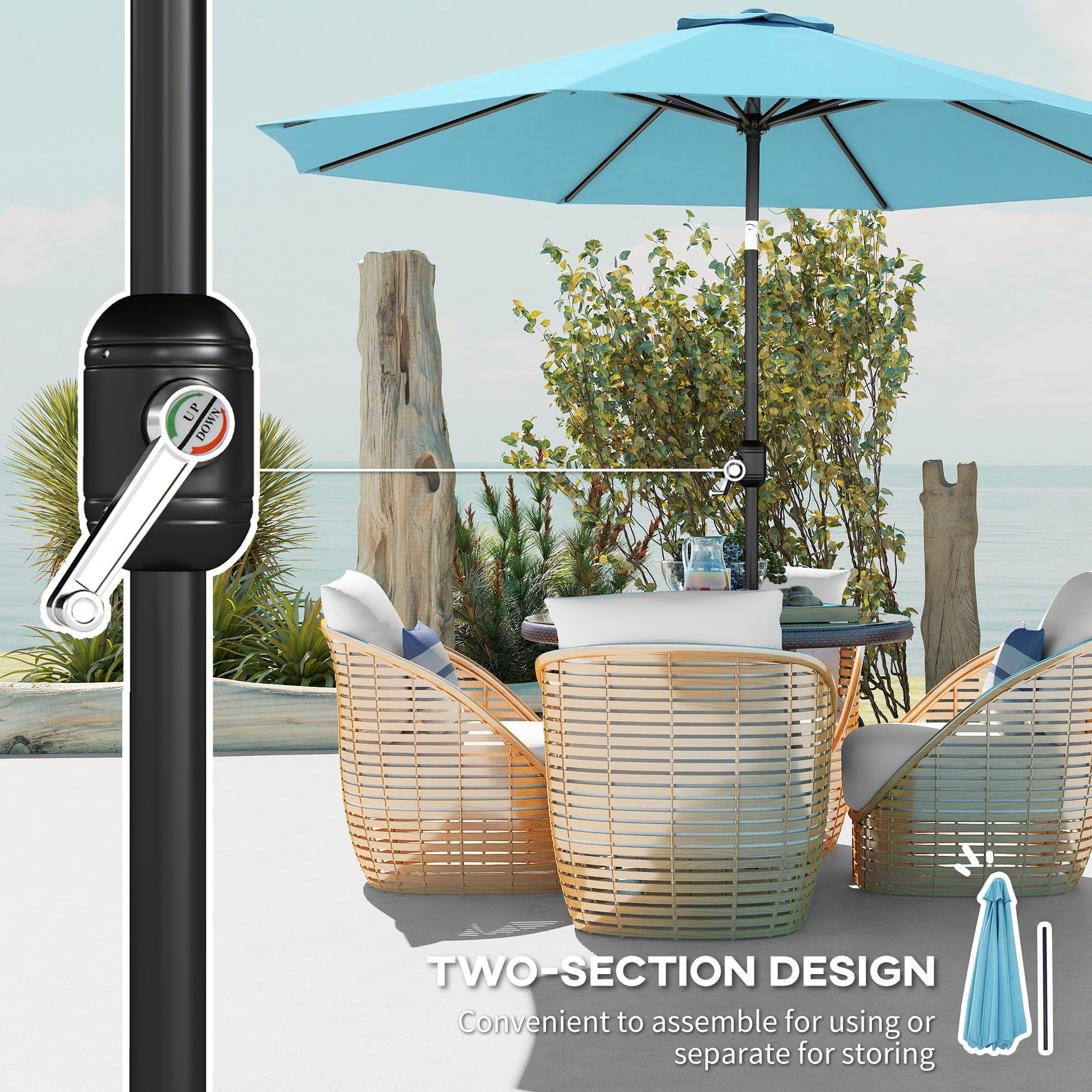 10' x 8' Round Market Umbrella, Patio Umbrella with Crank Handle and Tilt, Outdoor Parasol for Garden, Sky Blue