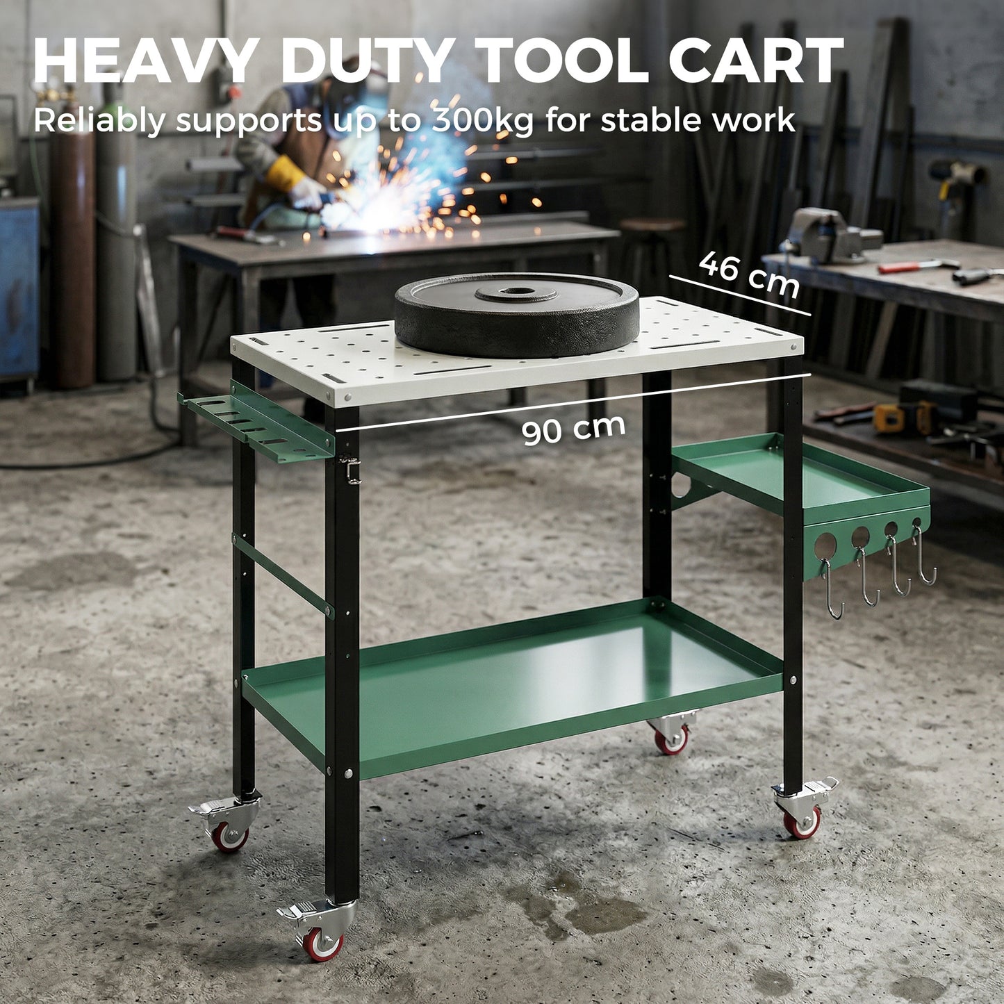2Tier Rolling Tool Cart with Wheels, Lockable Steel Heavy Duty Cart with Side Tray, Silver & Green