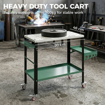 2Tier Rolling Tool Cart with Wheels, Lockable Steel Heavy Duty Cart with Side Tray, Silver & Green