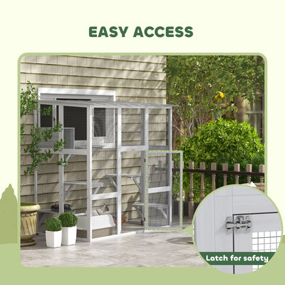 Large Outdoor Catio with Weatherproof Roof, Bridge, Resting Box, Platforms, White